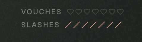 The image displays the words "VOUCHES" accompanied by 6 heart icons and "SLASHES" accompanied by 6 forward slashes, visually representing the concepts of giving vouch/likes and slashing points. This relates to the post where the user is offering to "slash" (deduct points from) people ahead of them in a leaderboard ranking on @commonsmade to help boost their position in exchange for future airdrop rewards.