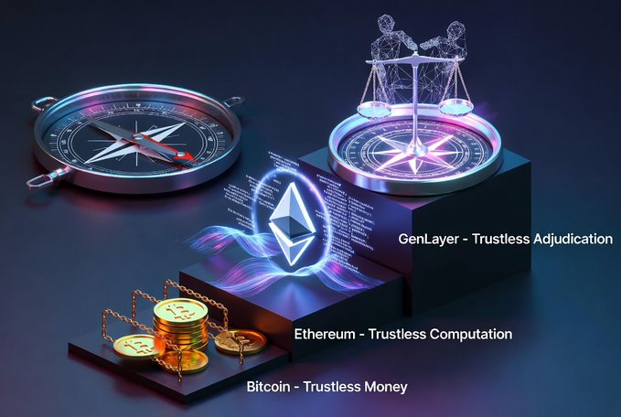 The image displays a three-tiered staircase progression illustrating crypto's evolution: "Bitcoin - Trustless Money" (with gold coins), "Ethereum - Trustless Computation" (with the Ethereum logo), and "GenLayer - Trustless Adjudication" (with scales of justice and a wireframe head), visually reinforcing the post's narrative about GenLayer solving the next gap in trustless systems—adjudication of agreements between AI agents.