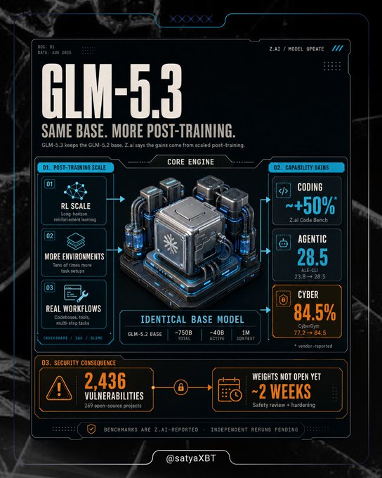 A sci-fi style infographic announcing "GLM-5.3" model update with the tagline "SAME BASE. MORE POST-TRAINING," highlighting post-training scale improvements (RL scale, more environments, real workflows) and capability gains including Coding (~+50% on Z.ai Code Bench), Agentic (28.5 on AIE-LE), and Cyber (84.5% on Cybench), while noting 2,436 vulnerabilities across 269 open-source projects and weights not yet open with ~2 weeks safety review remaining.