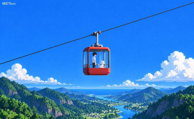 A pixel art style illustration showing a person and a dog in a red cable car traveling over a lush green landscape with a river and blue sky.