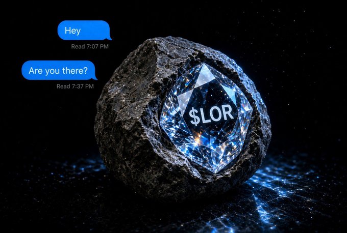 A glowing diamond embedded in a dark, rocky surface displays the ticker "$LOR," symbolizing an undiscovered or hard-to-reach crypto gem. Floating iMessage-style bubbles read "Hey" (7:07 PM) and "Are you there?" (7:37 PM), suggesting outreach to the elusive project team—tied to a post introducing the developers behind the $LOR coin.