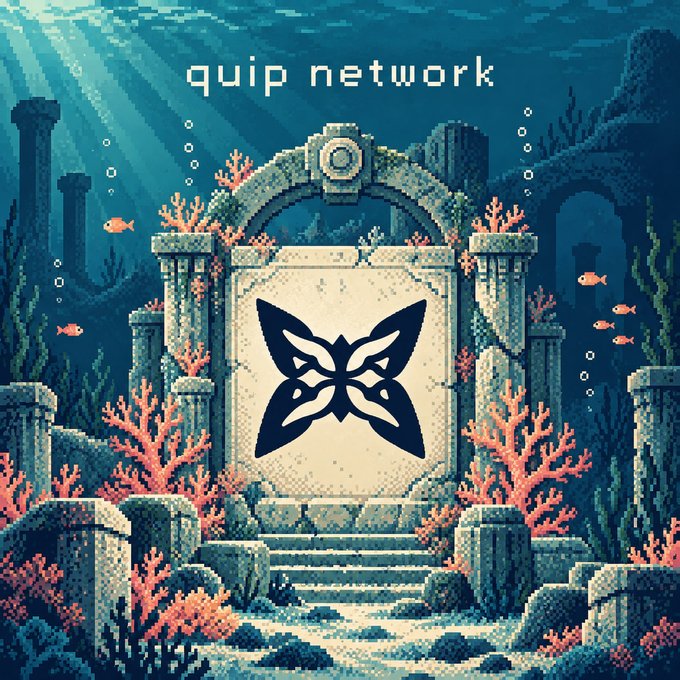 Pixel art illustration of an underwater ruin with coral, fish, and a central stone tablet displaying a butterfly-like symbol, branded "quip network" at the top.