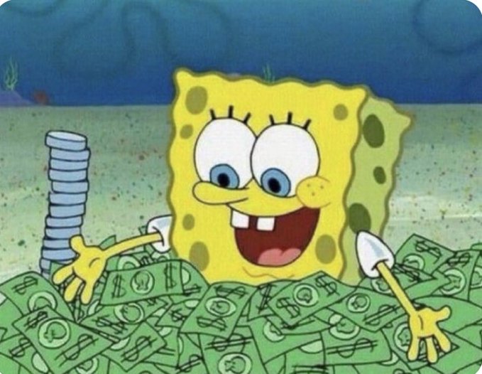 A cartoon image of SpongeBob SquarePants smiling broadly while sitting in a massive pile of green dollar bills.