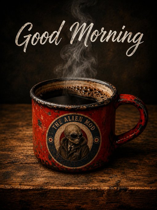 A weathered red enamel mug filled with steaming coffee on a wooden table, displaying 'THE ALIEN MOD' logo with an alien skull character, under the text 'Good Morning'.
