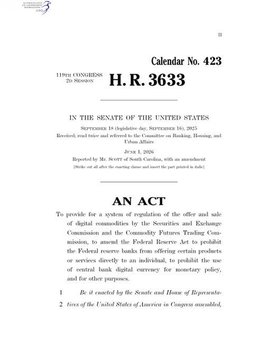 A document titled 'Calendar No. 423' and 'H.R. 3633' labeled 'AN ACT' in the Senate of the United States, dated September 12, 2025, regarding digital commodity consumer protection.