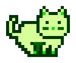 A pixel art image of a light green cat with darker green accents, sitting with its tail curled around its body.