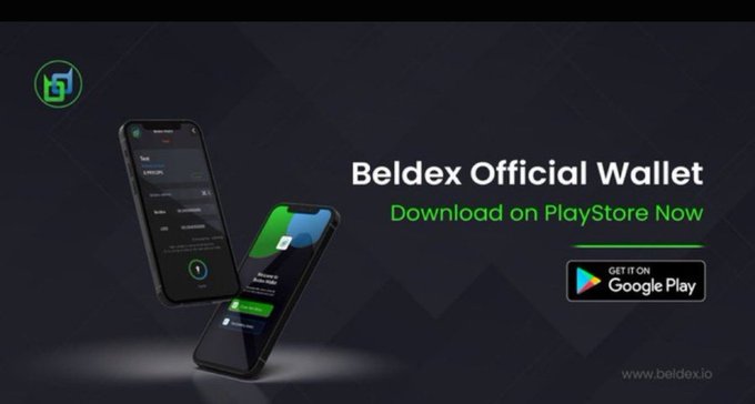 Promotional banner for the Beldex Official Wallet, showing two smartphones displaying the app interface with text 'Download on PlayStore Now' and a Google Play badge, plus the URL www.beldex.io.