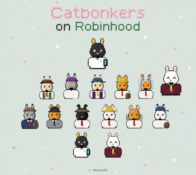 A pixel art image titled "Catbonkers on Robinhood" displays a collection of rabbit-like characters dressed in various business attire, credited to "x: Nasky303".