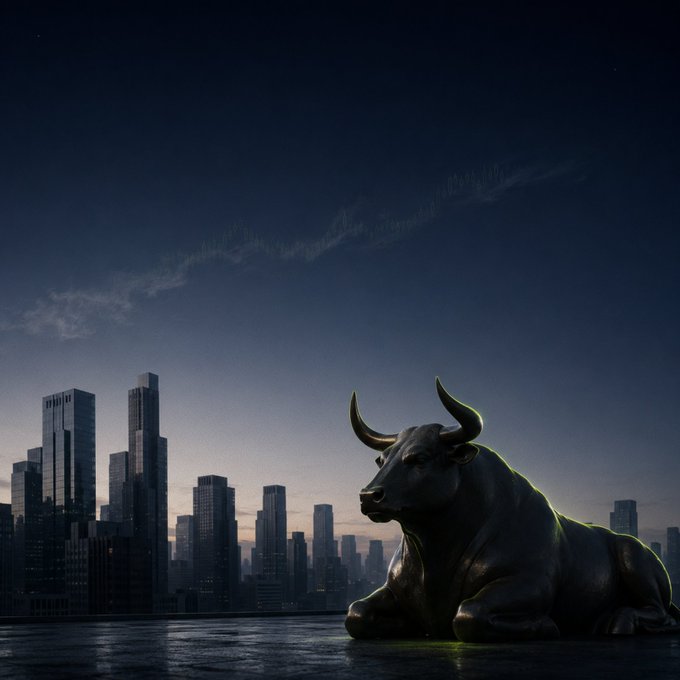 A large black bull statue with glowing green accents sits in the foreground against a dark cityscape skyline at night, with a subtle stock chart pattern visible in the sky.
