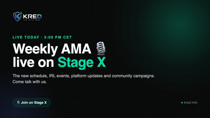 A promotional graphic for 'KRED' announcing 'Weekly AMA live on Stage X' at 3:00 PM CET, directing viewers to 'Join on Stage X' at kred.info.