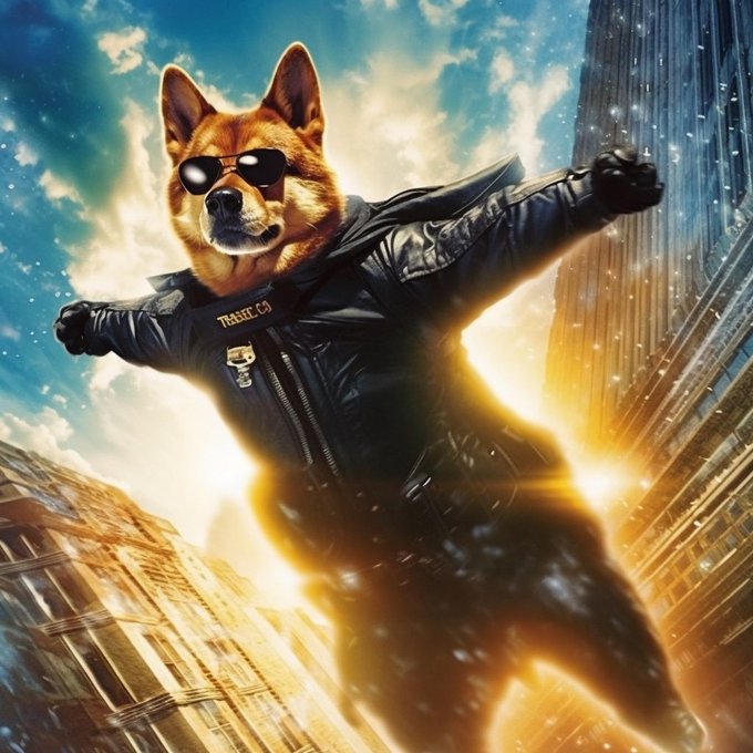 An AI-generated image depicts a heroic Shiba Inu dog wearing sunglasses and a black leather jacket with a 'TRAFFIC CD' badge, posing dramatically against a city skyline.