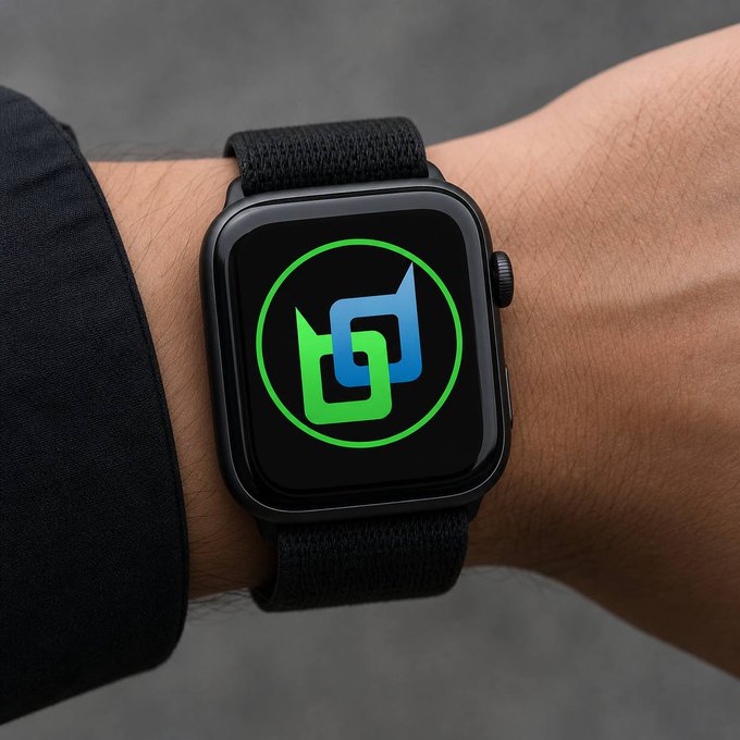 A black Apple Watch with a black sport loop band worn on a wrist, displaying a green and blue abstract logo on its screen.