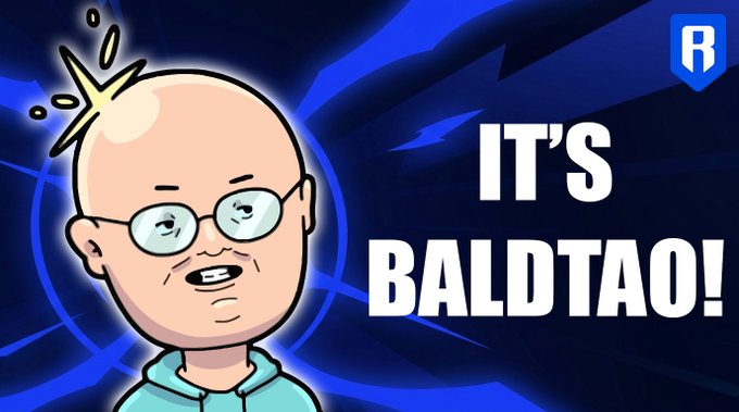 A cartoon illustration of a bald man with glasses and a slight smile, accompanied by the text "IT'S BALDTAO!" in bold white letters on a blue background. The image visually represents the Moku NFT character "Baldtao" referenced in the post.