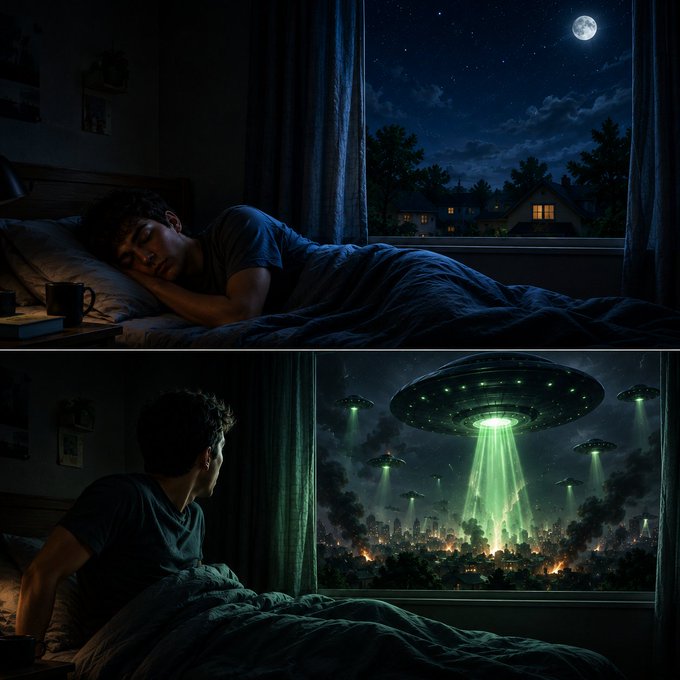 The image shows two different scenes of a man sleeping in bed at night, with one scene featuring an alien ship flying over his head as he sleeps, while the other scene depicts him awake and looking out the window at the same UFO hovering above him. The posts are titled "Nobody" and "Focus on what is in the image and how it relates to the post", which suggests that they might be discussing or analyzing the content of these images.

The first image shows a man sleeping peacefully, while the second image captures him awake as he looks out his window at an unidentified flying object (UFO) hovering above him. The posts seem to be exploring the connection between the two scenes and how they relate to each other in terms of the UFO's presence or impact on the man's sleep.