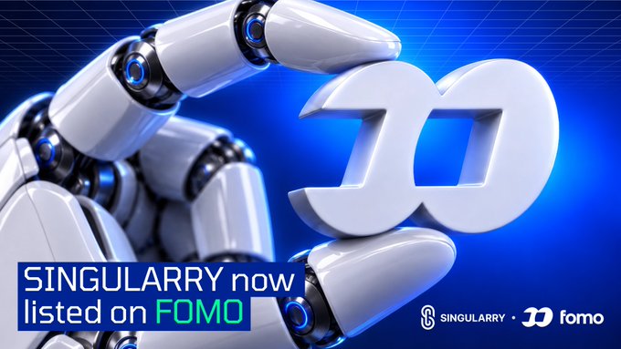A promotional graphic showing a robotic hand holding a white logo, with the text 'SINGULARITY now listed on FOMO' and partner logos.