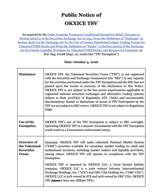 A 'Public Notice of OKXICE TSV' dated October 4, 2026, detailing a disclaimer, use of exemption, and overview of the Tokenized Securities Venue operated by OKXICE LLC.