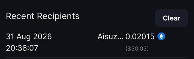 A "Recent Recipients" screenshot showing a $50.03 transfer (0.02015 ETH) sent to Aisuzy on 31 Aug 2026 at 20:36:07, supporting the post's claim of sending money to @AiSuzzy.