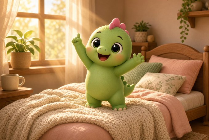 A cheerful, cartoonish green dinosaur character with a pink bow stands happily on a bed in a sunlit bedroom.