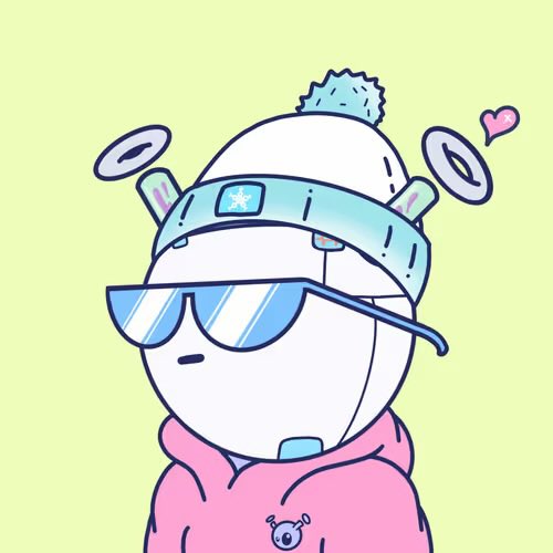 An illustration of a cute white character wearing a blue winter hat with propeller ears, blue sunglasses, and a pink hoodie on a light green background.