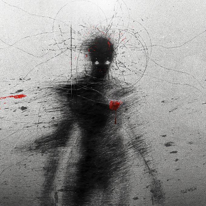 A dark, abstract digital artwork featuring a shadowy humanoid figure with glowing white eyes, accented by red splatters and surrounded by chaotic line work on a gray background.
