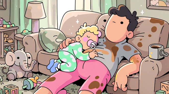 An illustrated scene of a father and his baby, both covered in stains and messes, relaxing on a couch surrounded by scattered toys in a cluttered living room.