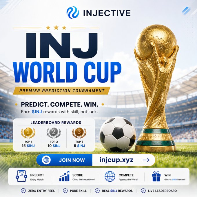 The image features a soccer ball sitting next to a golden trophy, which appears to be the World Cup trophy. The text "Injective Injecive" is displayed above the soccer ball, indicating that this is an advertisement for a soccer game or tournament related to the World Cup. The poster also includes information about joining the event and offers a leaderboard for players who want to know their ranking in the competition.
