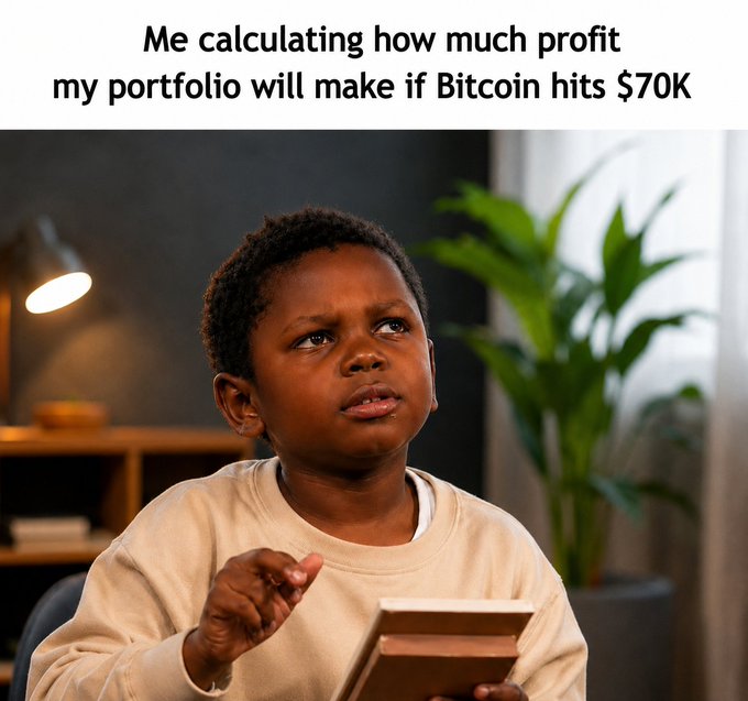 A young child looks up thoughtfully while holding a small book, with the caption "Me calculating how much profit my portfolio will make if Bitcoin hits $70K." The image humorously illustrates the post's point about investors daydreaming about potential gains during a bull run, with the child's concentrated expression mirroring the focused optimism of someone running optimistic crypto calculations.