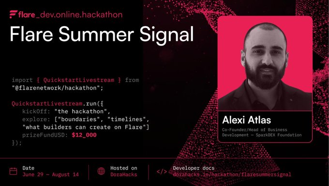 A promotional poster for "Flare Summer Signal" hackathon event featuring Alexi Atlas, Co-Founder/Head of Business Development at SparkDEX Foundation, with a $12,000 prize fund, running June 29 - August 14.