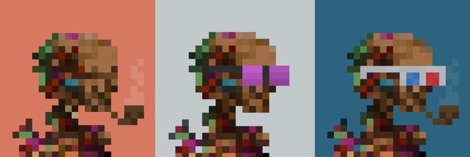 A pixel-art character with dreadlocks appears in three panels, each with a different background (coral, light blue, dark blue) and increasing visual effects—starting plain, then with pink glasses, and finally with 3D red/blue 3D glasses—illustrating the growth or expansion of the creator's "Coral Crew."
