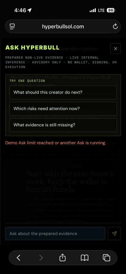 Screenshot of the hyperbullsol.com website showing an "ASK HYPERBULL" chat interface with demo question prompts like "What should this creator do next?" and "Which risks need attention now?" displayed above a message reading "Start with the post-launch work. Keep the wallet in human hands."