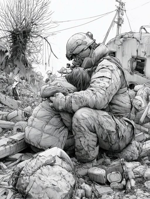 A detailed black-and-white manga-style illustration depicting a soldier in combat gear embracing a civilian amidst rubble, with other figures and a damaged building in the background.