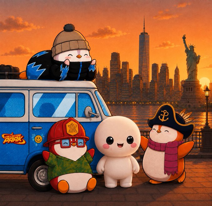 A digital illustration of four cute, round characters in front of a blue van, with a sunset over the New York City skyline and the Statue of Liberty in the background.