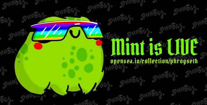 The image features a green frog wearing sunglasses with rainbow colors sitting on top of a banner that says "MINT IS LIVE". The text on the banner reads "Phroglist Phase is not over allocated. Phrogs won't make you burn extra ETH on gas fees. Everyone on the Phroglist can mint for FREE, smoothly and stress-free, no need to rush. Enjoy the mint Phrogers!". The frog's sunglasses are a fun and colorful accessory that adds a playful touch to the overall design of the banner.