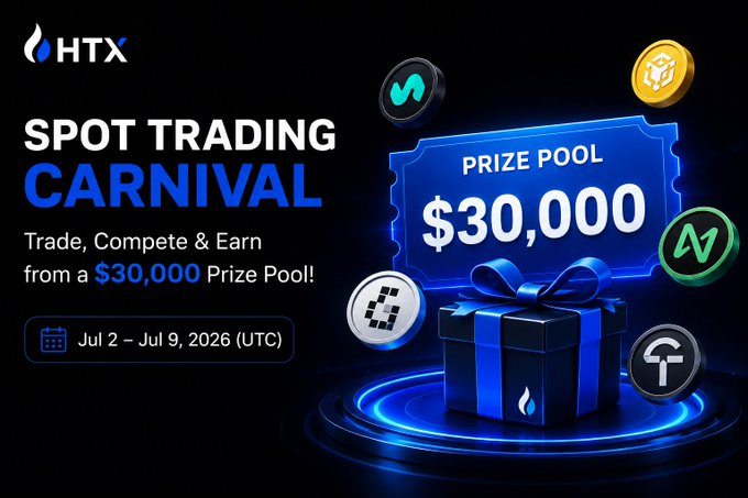 HTX promotional banner for a 'Spot Trading Carnival' offering a $30,000 prize pool, running Jul 2–Jul 9, 2026 (UTC).