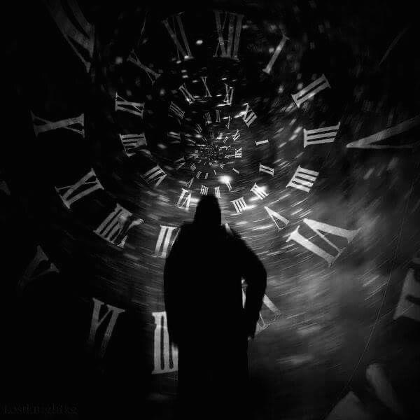 A hooded figure stands silhouetted against a swirling vortex of Roman numerals, evoking the unraveling of time as the old financial system's hidden conversion to a gold-backed order accelerates behind closed doors.