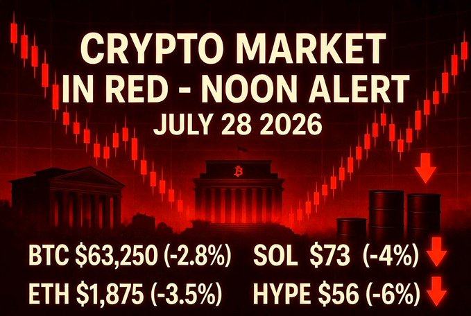 A red-toned 'CRYPTO MARKET IN RED – NOON ALERT' dated July 28 2026, showing declines for BTC (-2.8%), ETH (-3.5%), SOL (-4%), and HYPE (-6%) against a background of falling candlesticks and a building silhouette.