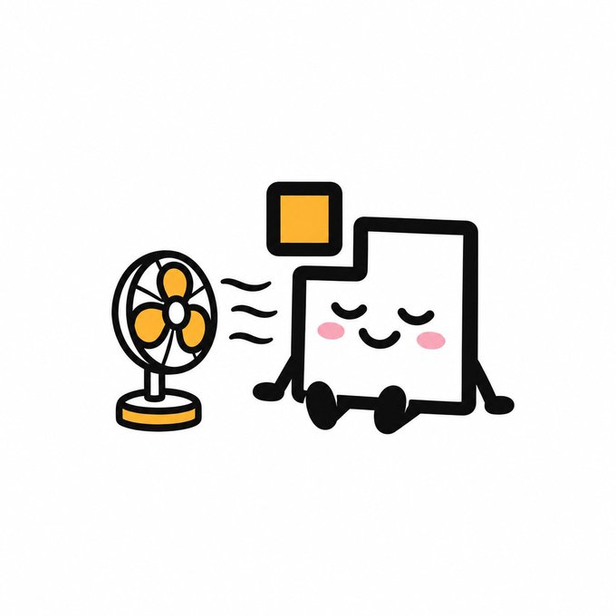 A cartoon illustration shows a happy, smiling white block character with pink cheeks being cooled by a yellow fan blowing air waves.