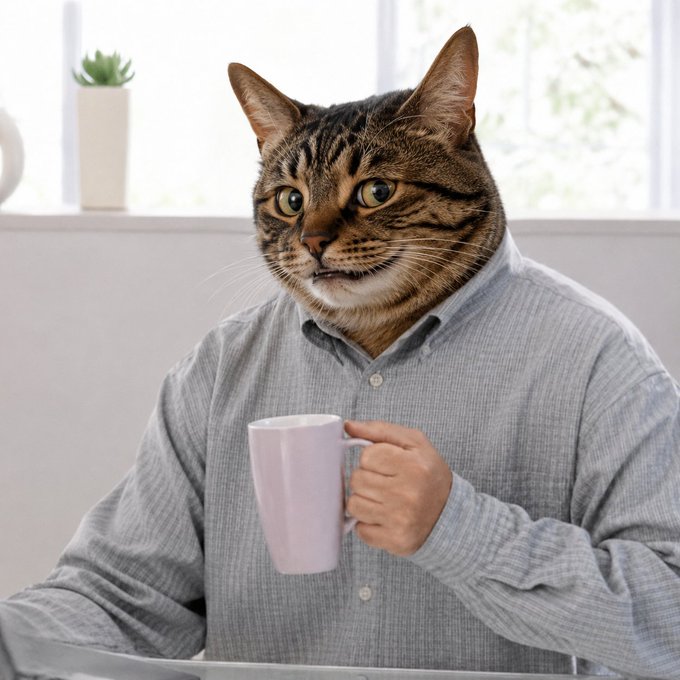 A humorous AI-generated image showing a realistic tabby cat with a human-like body wearing a grey button-up shirt and holding a pink mug.