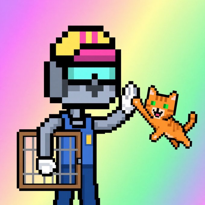 A pixel art illustration of a robot character with a colorful hat holding an orange cat by its paw, carrying a cage or basket, set against a gradient pastel background.
