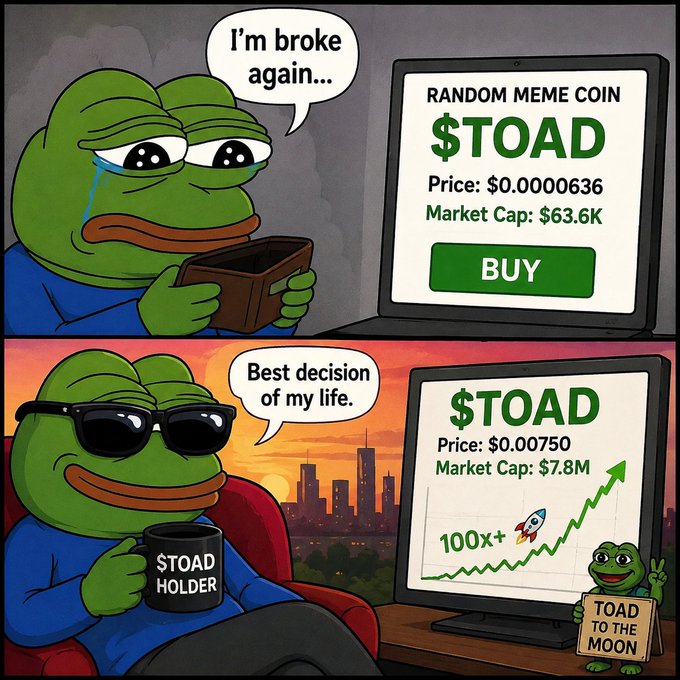 A two-panel meme featuring the 'Sad Pepe' to 'Cool Pepe' transformation, showing a sad Pepe saying 'I'm broke again...' looking at a '$TOAD' meme coin priced at $0.0000636, then a happy Pepe with sunglasses saying 'Best decision of my life' as the price hits $0.00750 with a '100x+' rocket chart.