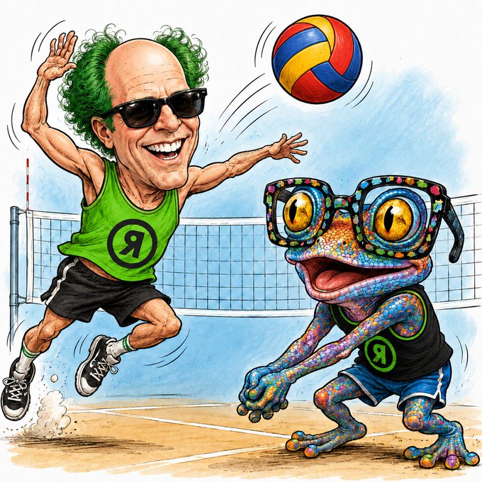 The image features a cartoon illustration of two men playing volleyball, with one man wearing sunglasses and glasses, while the other wears a frog costume. The scene takes place on a beach, where they are engaged in an intense game of volleyball. The caption for this image reads "Day 19 of $TIBBIR comics".