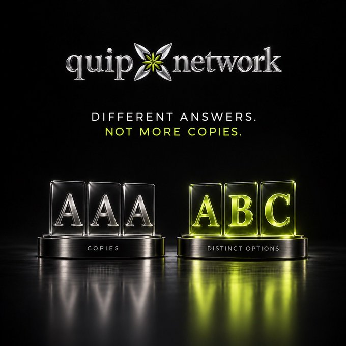 Promotional graphic for 'quip network' with the tagline 'DIFFERENT ANSWERS. NOT MORE COPIES,' showing glass blocks with 'AAA COPIES' and 'ABC DISTINCT OPTIONS' on metallic bases.