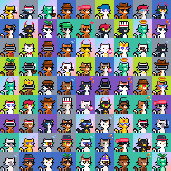A grid of pixel art characters depicting various cats in different colors and accessories, appearing to be NFT collectibles or avatar designs.