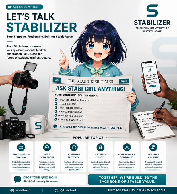 A promotional poster for 'Stabilizer' stablecoin infrastructure featuring an anime character named 'Stabi Girl' holding a newspaper titled 'THE STABILIZER TIMES' with 'ASK STABI GIRL ANYTHING!' headlines.