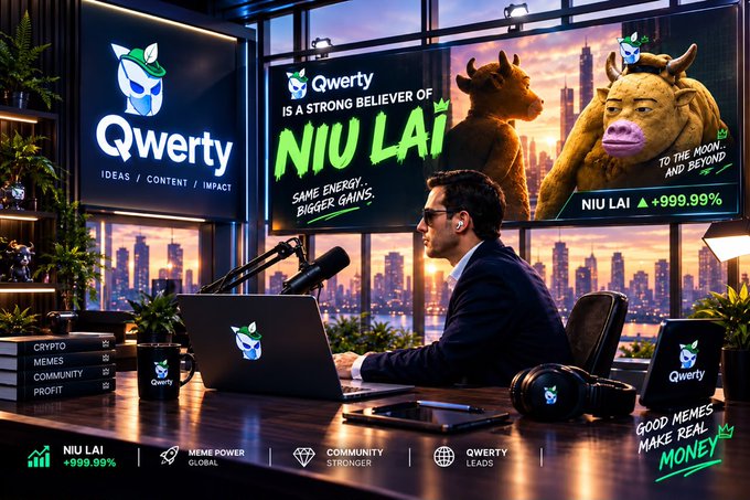 A man in a suit sits at a podcast desk branded with "Qwerty" and "NIU LAI" logos, framed by large screens promoting NIU LAI's +999.99% gains and the slogan "To the Moon and Beyond." The image visually reinforces the post's narrative of Qwerty's conviction in NIU LAI, showcasing his role as a top holder and community builder behind the coin's success.