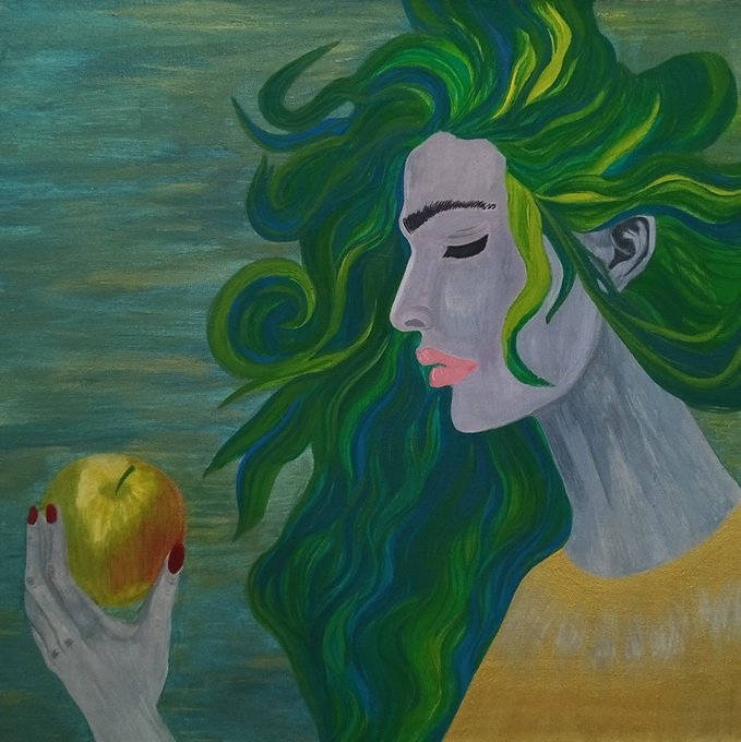 A stylized painting of a woman with flowing green and blue hair holding a yellow and red apple against a green background.