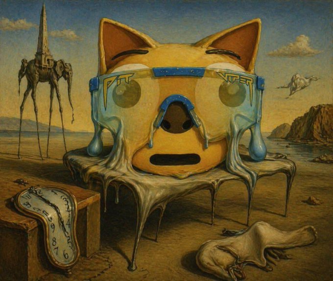 A surreal painting in the style of Salvador Dalí, depicting a melting yellow dog emoji wearing dripping blue glasses labeled "BITCOIN", set against a desert landscape with Dalí-like elephants.