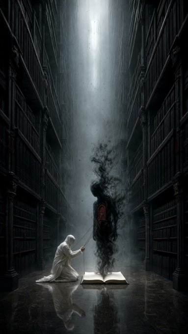 A hooded figure kneels before an open book in a towering library, pulling back a veil of shadow to reveal a dark confessor within the smoke. The haunting image visually echoes the caption's theme, embodying the idea that buried secrets must eventually be confronted and spoken aloud.