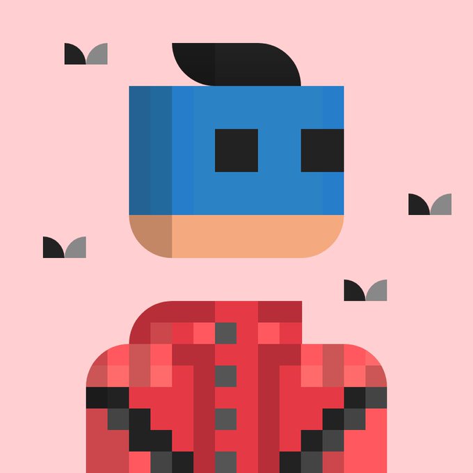 A minimalist geometric illustration of a character with a blue blocky head, black rectangular eyes, a red pixelated jacket, and small black/gray leaf-like shapes floating on a pink background.