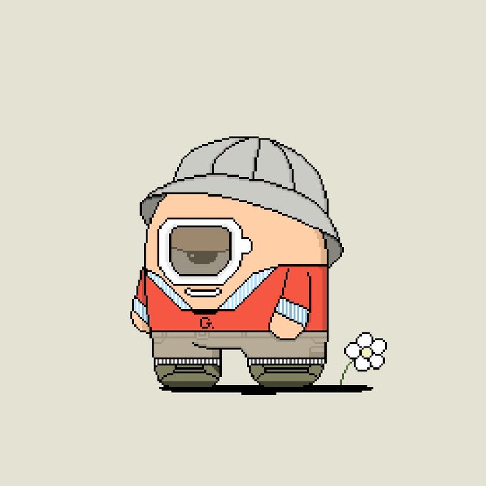 A pixel art character wearing a gray bucket hat, red hoodie with a "G" emblem, and a white goggle-like visor stands next to a small flower on a cream background, likely representing one of the pixelated NFTs from the Gloombles collection mentioned in the post.